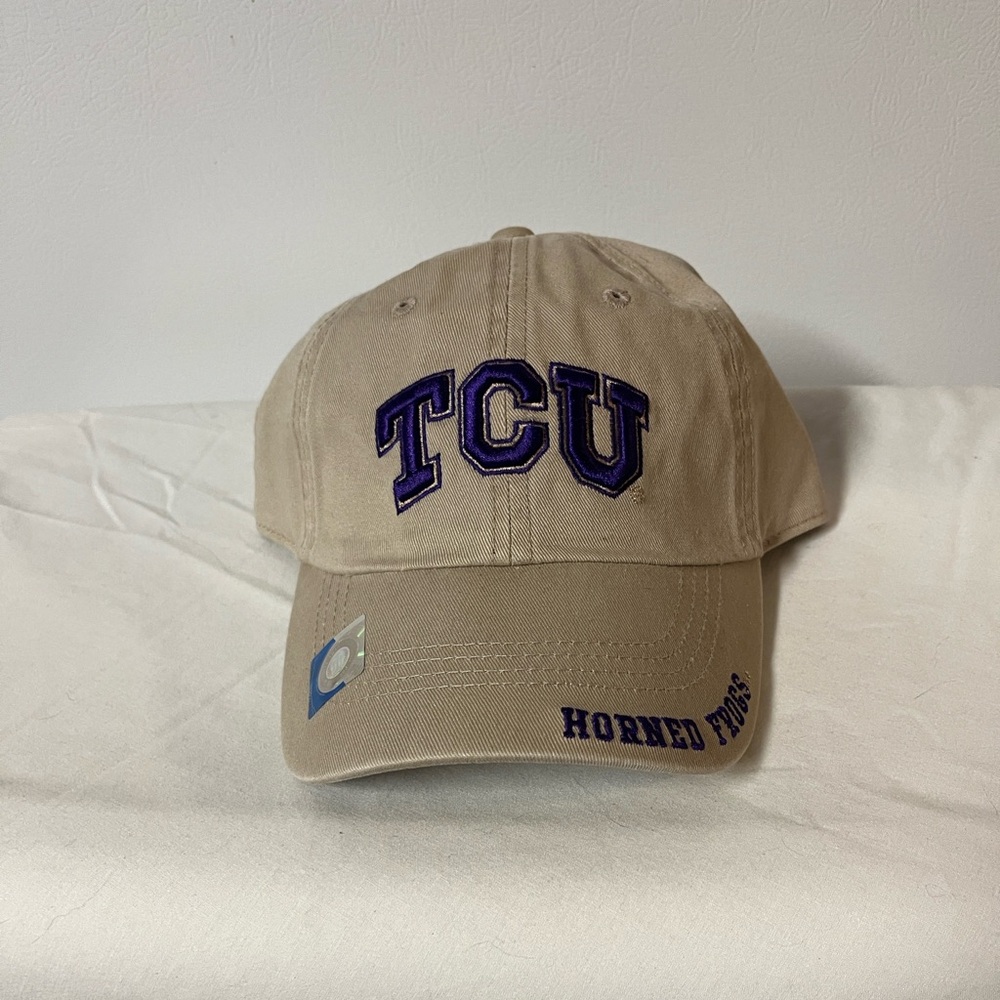 New Tan TCU Horned Frogs Baseball Cap W/ Purple letters & Hook & Loop Closure